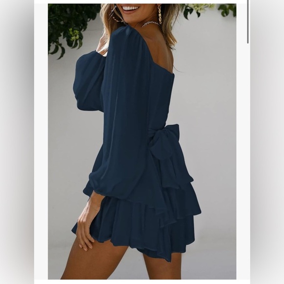 Romper Long Sleeve Off Shoulder Ruffle Chiffon Shorts Medium Navy Blue Boho Zip - Picture 5 of 11